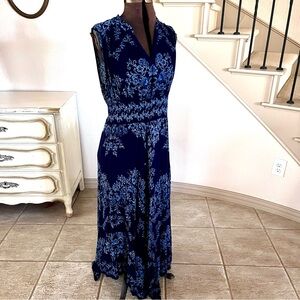 Bila Dress Medium Blue Print Rayon Crinkle Boho Handkercheif Hem Fairy Grunge